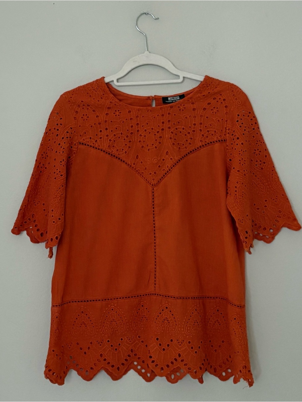 NAOO Terracotta 100% Cotton Orange Eyelet Embroidered Lace Boho Blouse Size M